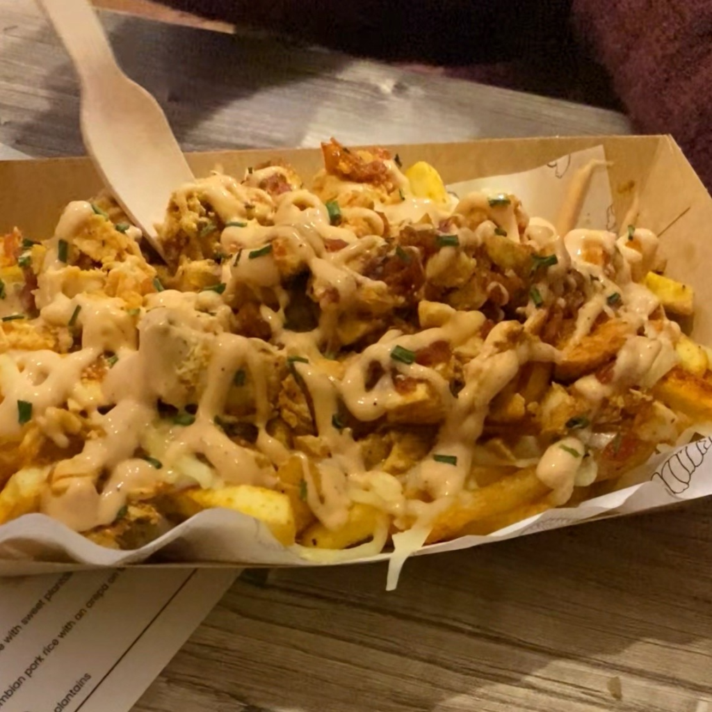 A close up of loaded fries.