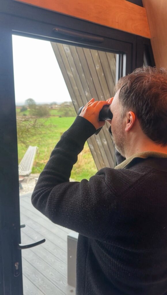 Looking for birds with binoculars, reading on the sofa and magazines.