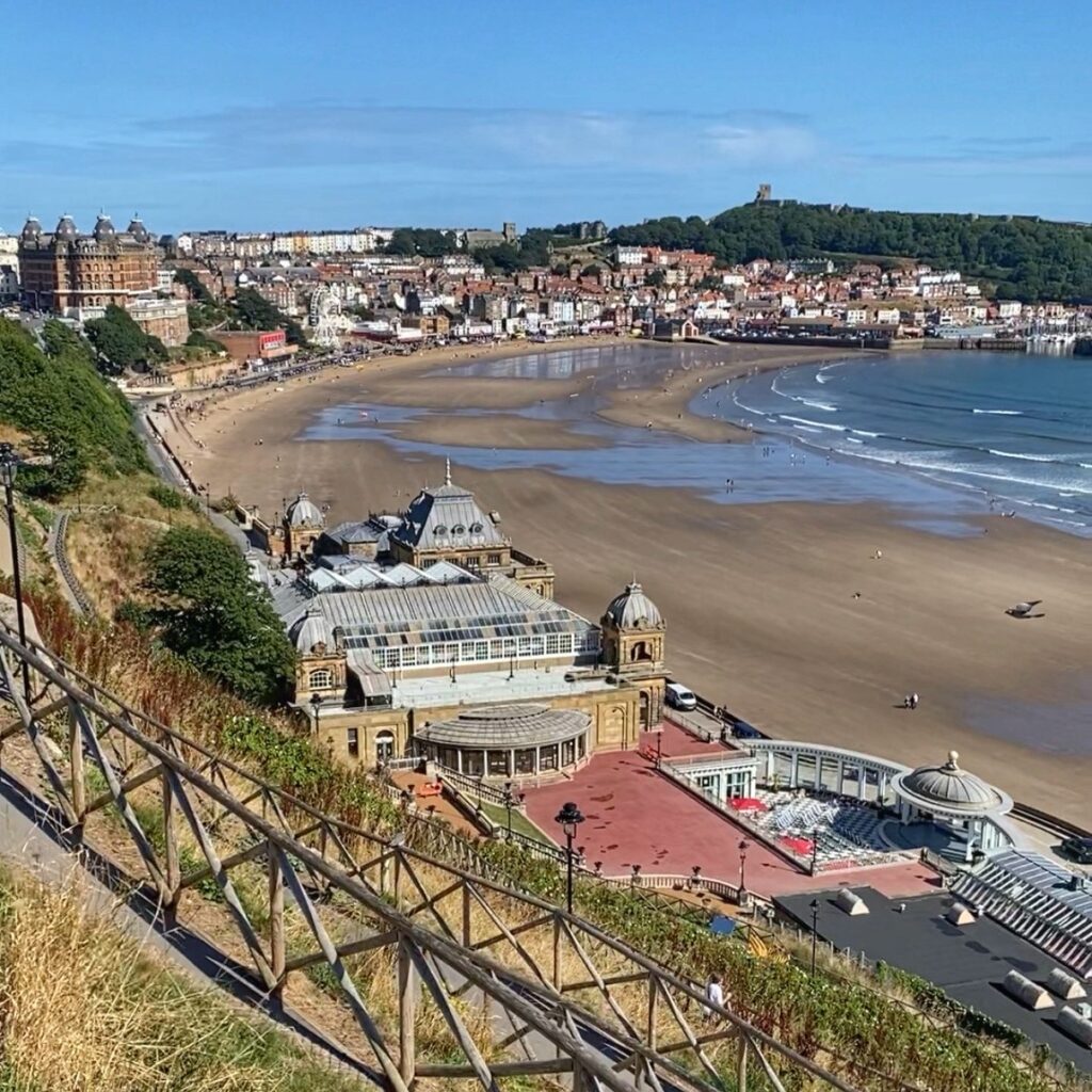 A view of Scarborough's south bay beach on a blue sunny day on the yorkshire coast
